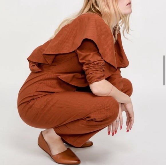 ❌SOLD❌ NWOT Rita Row x Free People Lola Ruffled Orange Microchecks Jumpsuit - Picture 5 of 8